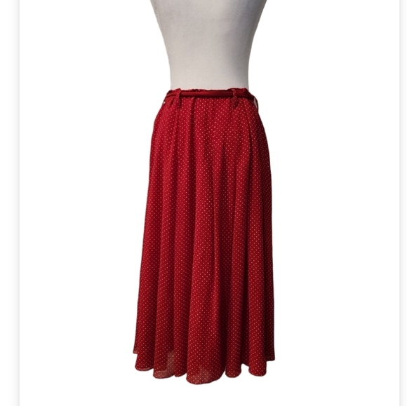 Red Polka Dot Midi Chiffon Skirt with Buttons at Front - Picture 4 of 5